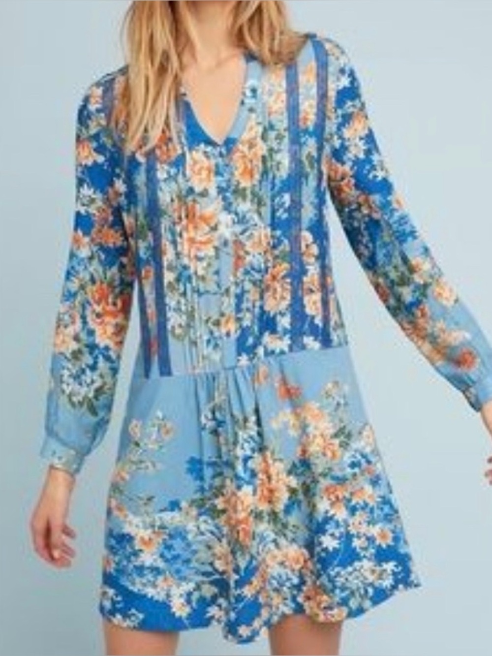 Anthropologie Tiny Gaina Tunic Dress Blue Floral Lace Trim Drop Waist Women’s L